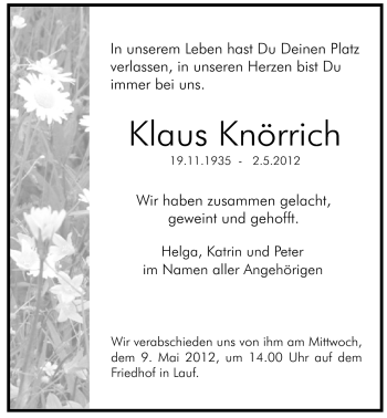 Traueranzeige von Klaus Knörrich von Pegnitz-Zeitung